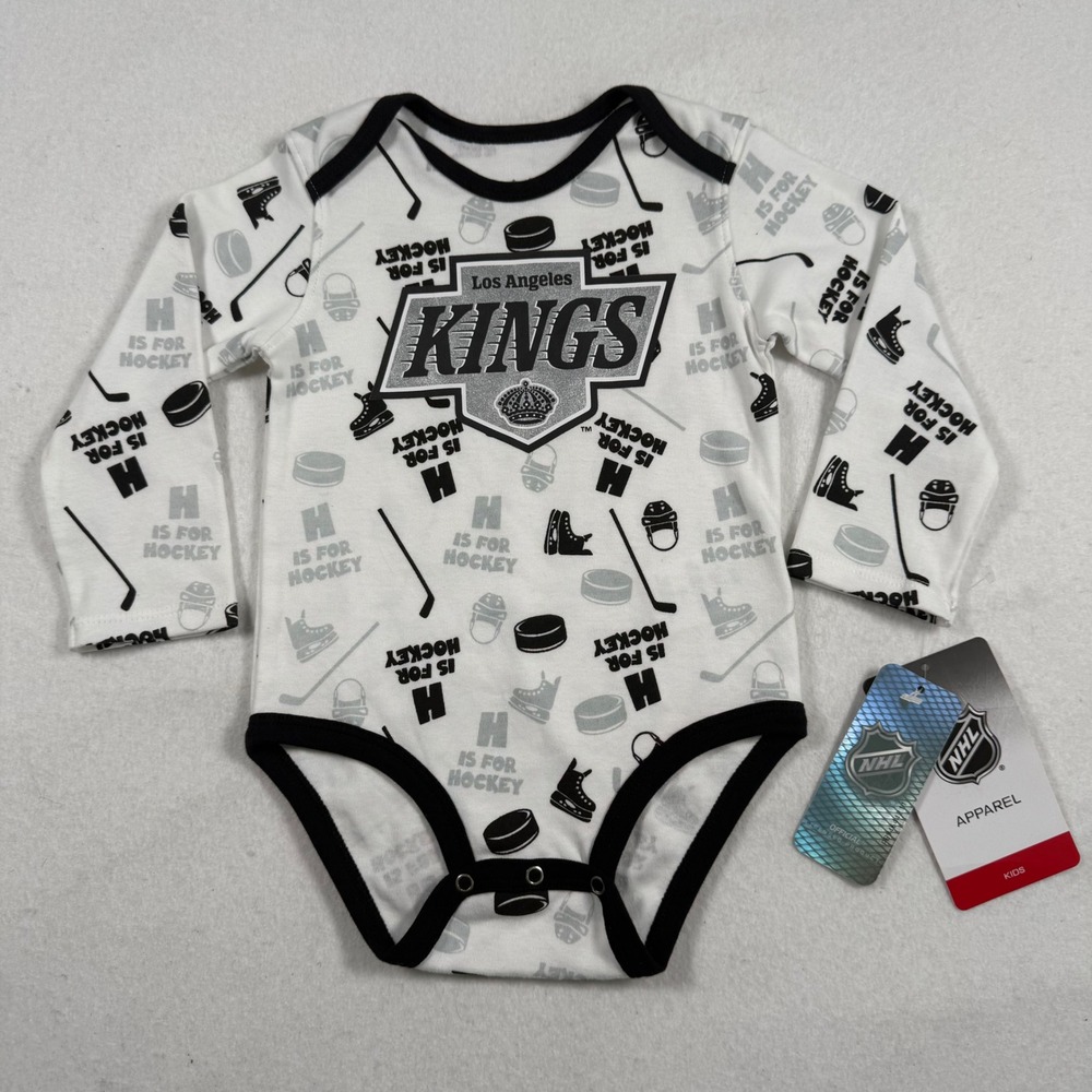 NWT NHL Los Angeles Kings Long Sleeve Bodysuit White 12M H is for Hockey